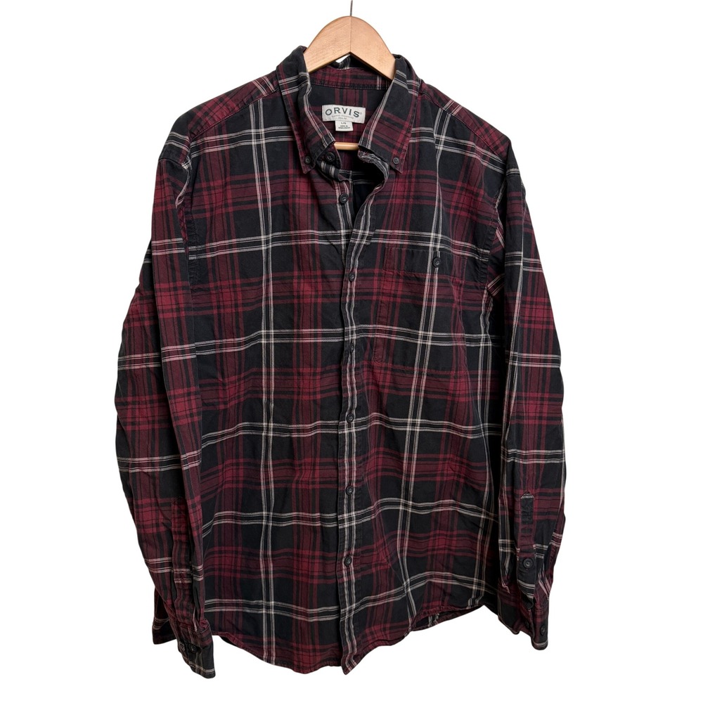 Orvis Mens Plaid Shirt L Button Down Burgundy Black Cotton Shirt Outdoor Work